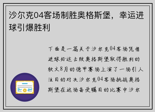 沙尔克04客场制胜奥格斯堡，幸运进球引爆胜利