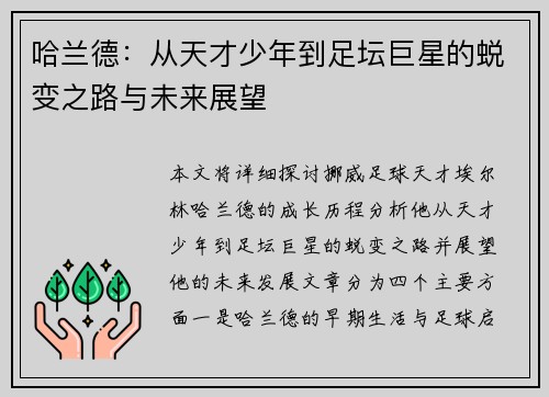 哈兰德：从天才少年到足坛巨星的蜕变之路与未来展望